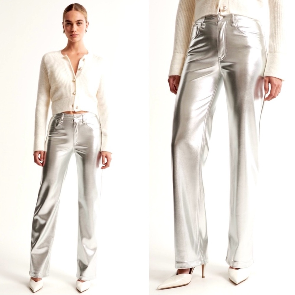 NEW 7 For All Mankind Metallic Straight Leg Faux Leather Pants Silver Size LG - Picture 11 of 11
